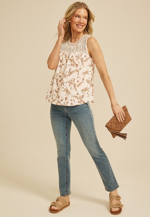 Floral Studded Crochet Yoke Tank Top