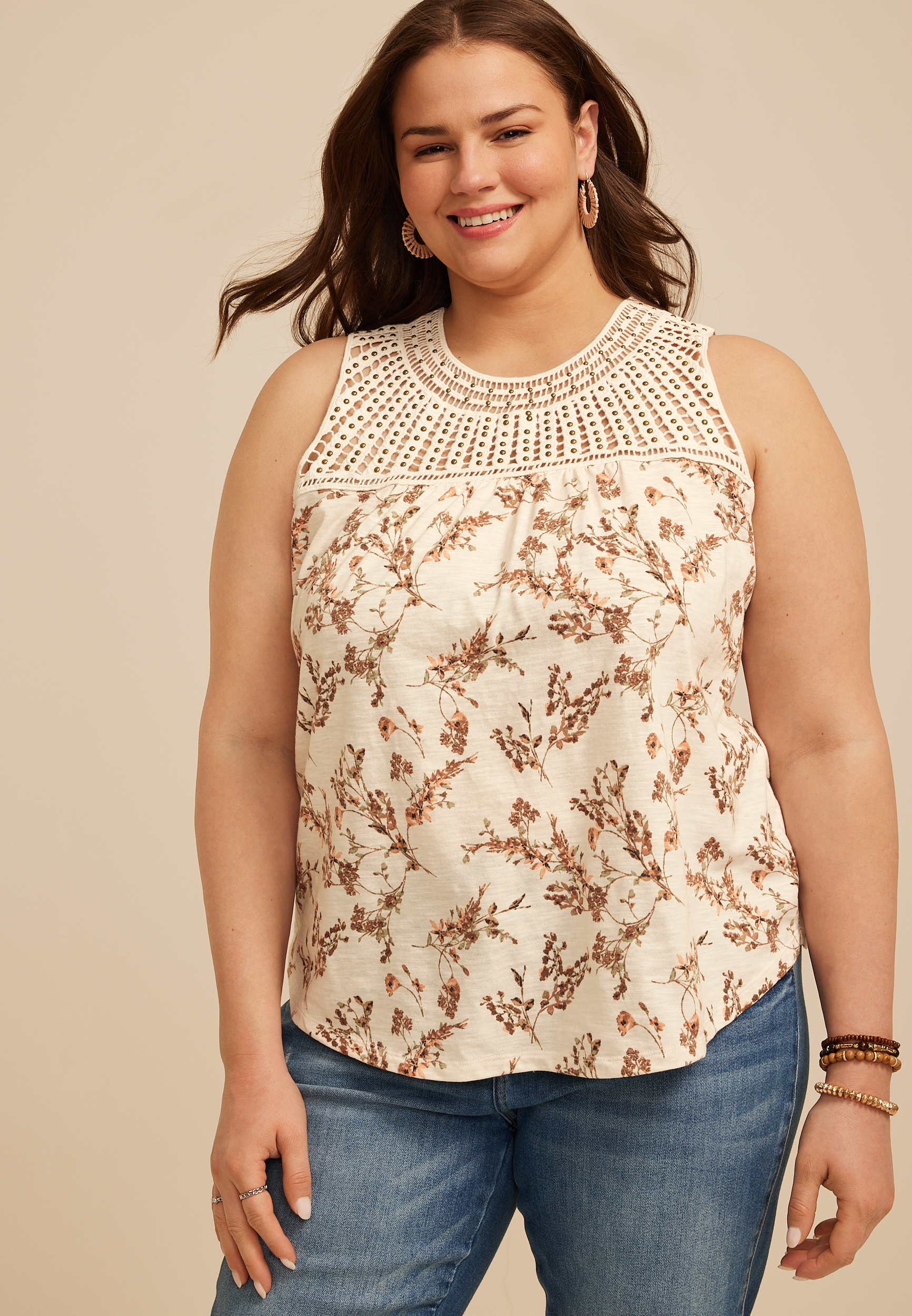 Plus Size Floral Studded Crochet Yoke Tank Top