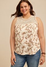 Plus Size Floral Studded Crochet Yoke Tank Top, C5487, small