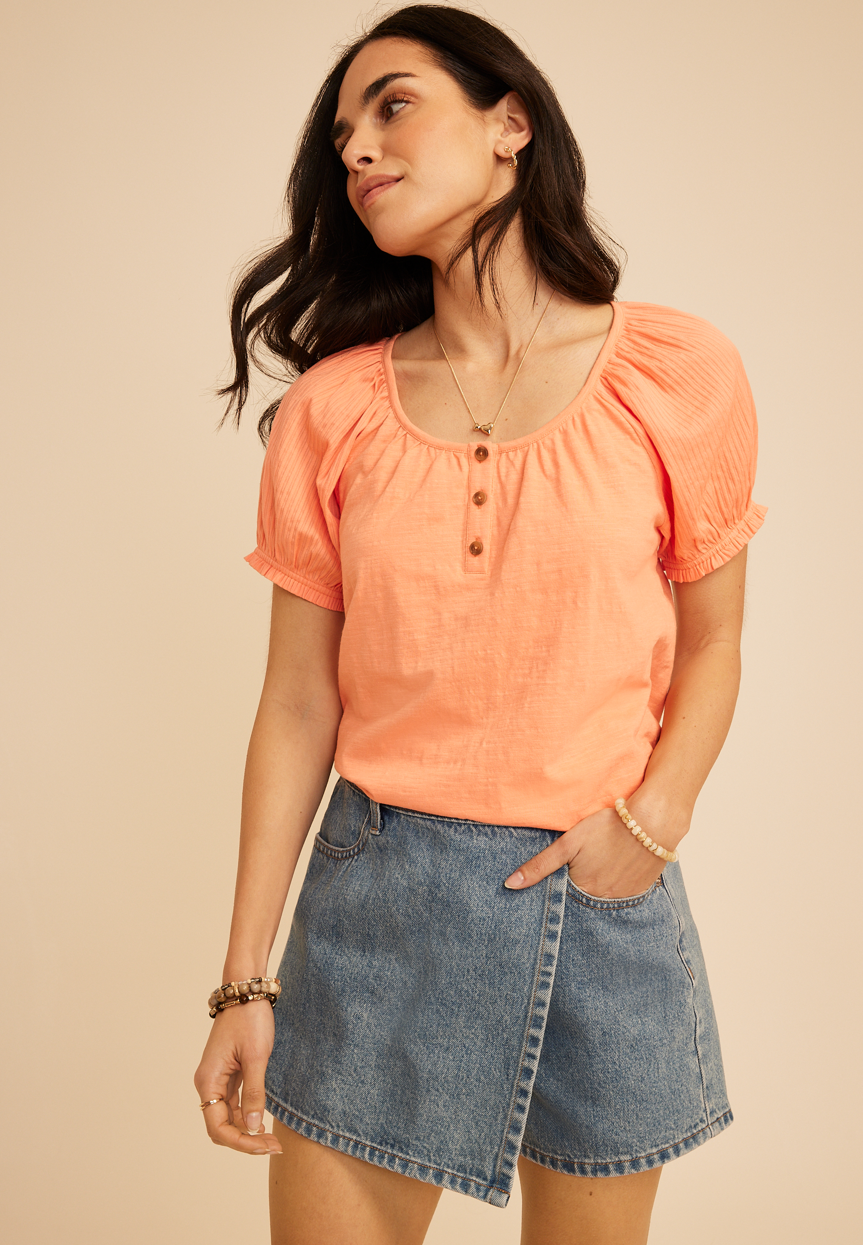 Mixed Media Puff Sleeve Henley Tee