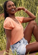 Mixed Media Puff Sleeve Henley Tee, C7932, small