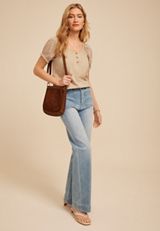 Mixed Media Puff Sleeve Henley Tee, COBBLESTONE, small