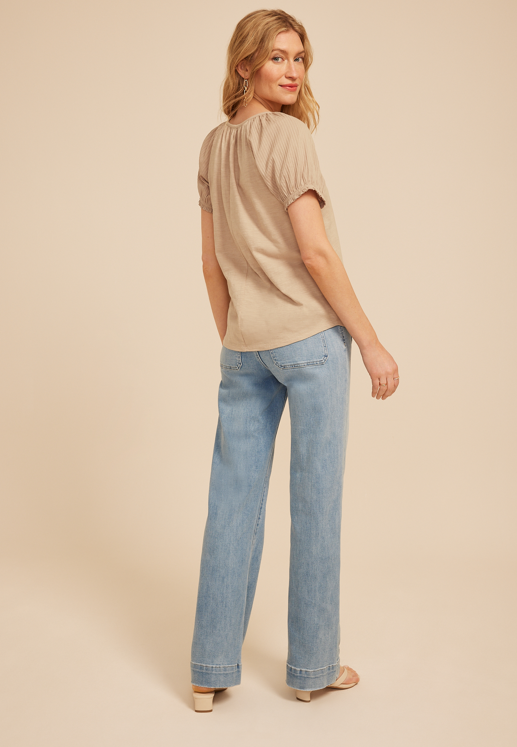 Mixed Media Puff Sleeve Henley Tee, COBBLESTONE, large