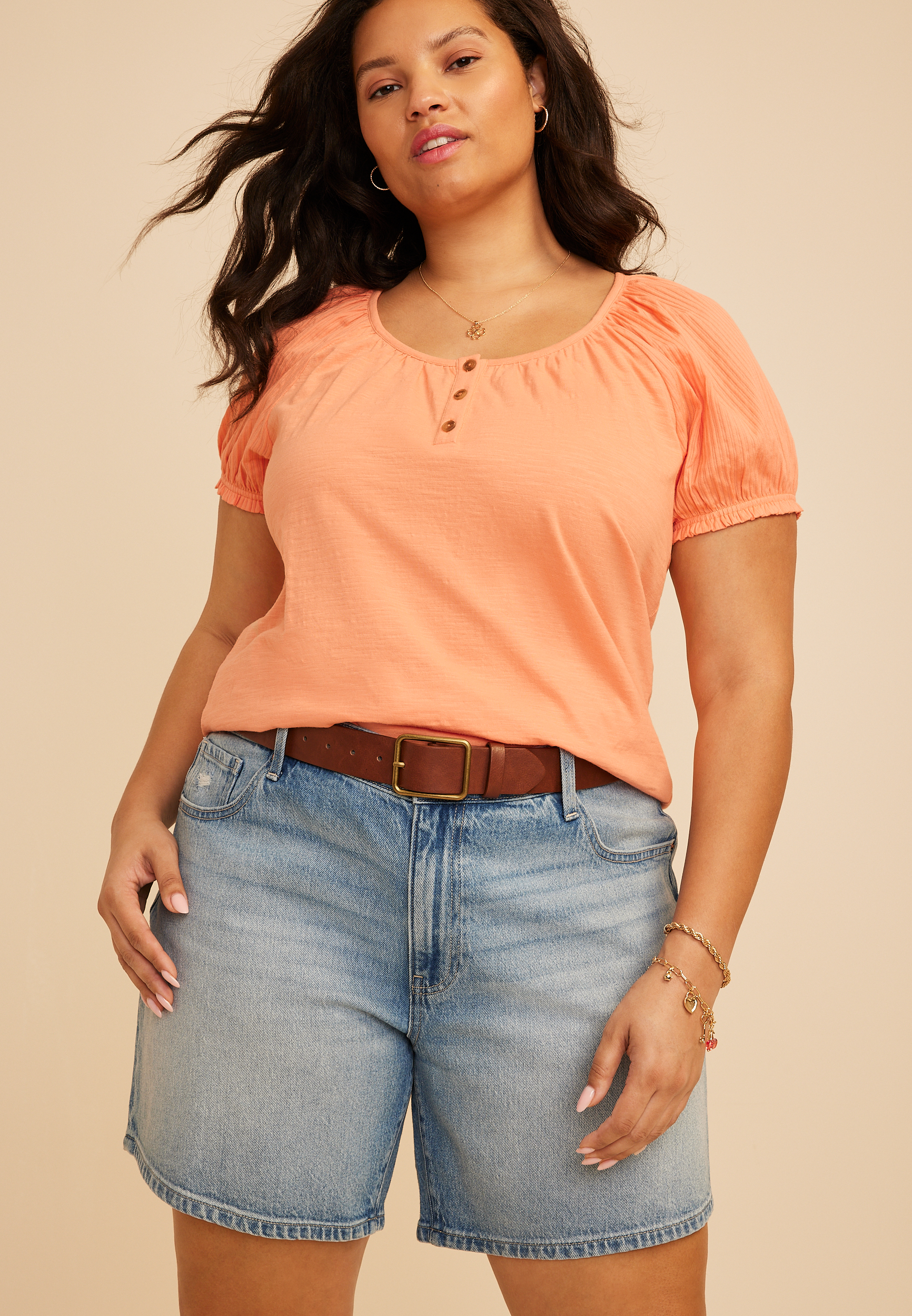 Plus Size Mixed Media Puff Sleeve Henley Tee - thumbnail 6
