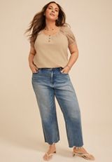 Plus Size Mixed Media Puff Sleeve Henley Tee, COBBLESTONE, small
