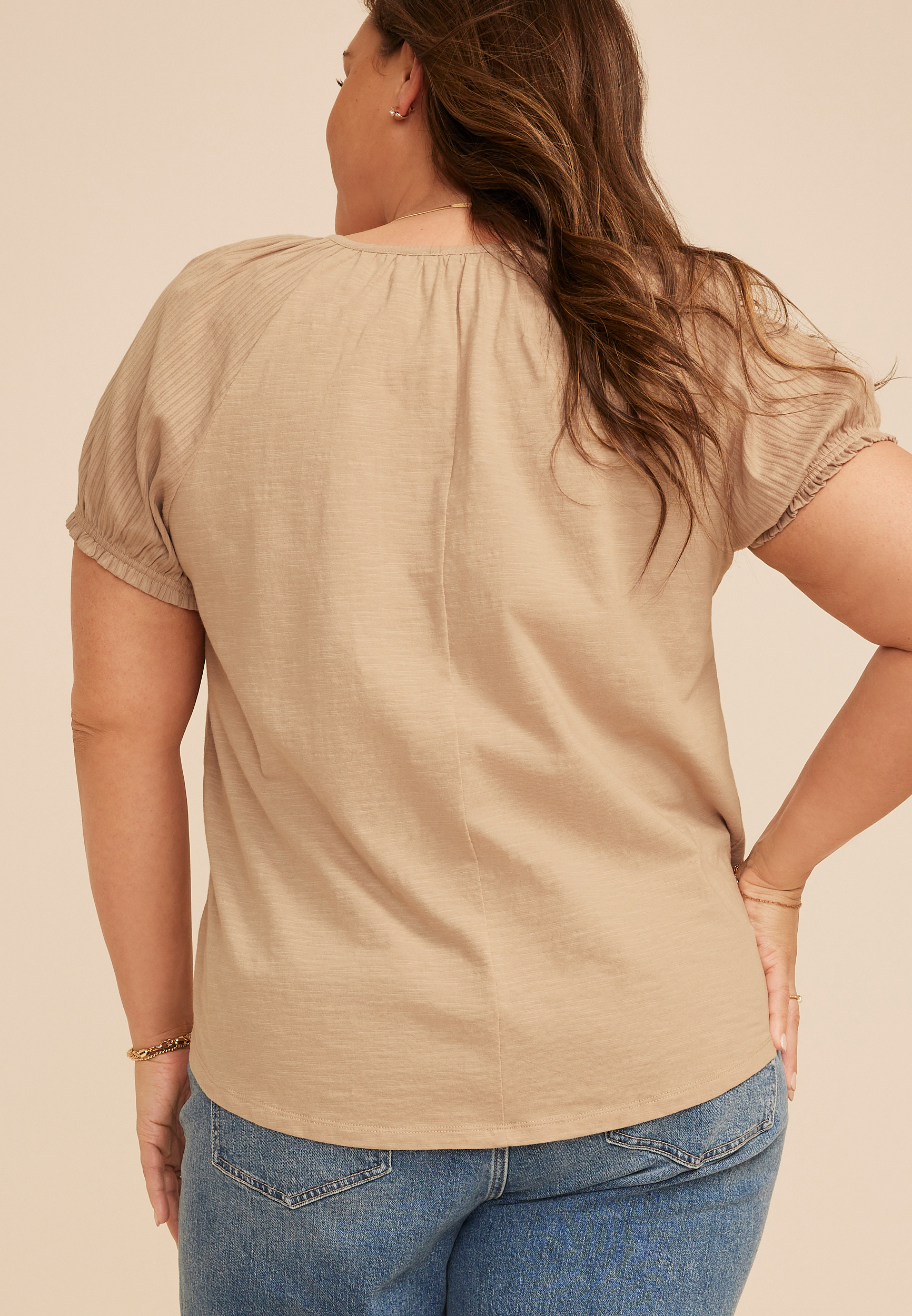 Plus Size Mixed Media Puff Sleeve Henley Tee, COBBLESTONE, large