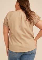 Plus Size Mixed Media Puff Sleeve Henley Tee, COBBLESTONE, small