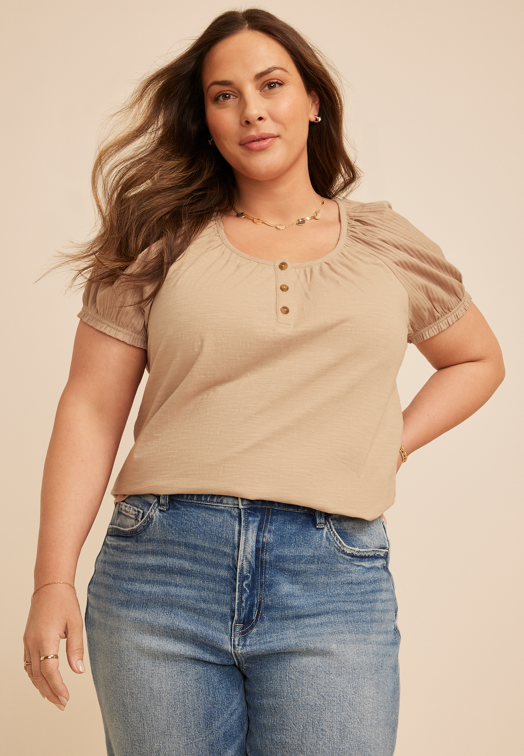 Plus Size Mixed Media Puff Sleeve Henley Tee, COBBLESTONE, large