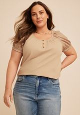 Plus Size Mixed Media Puff Sleeve Henley Tee, COBBLESTONE, small