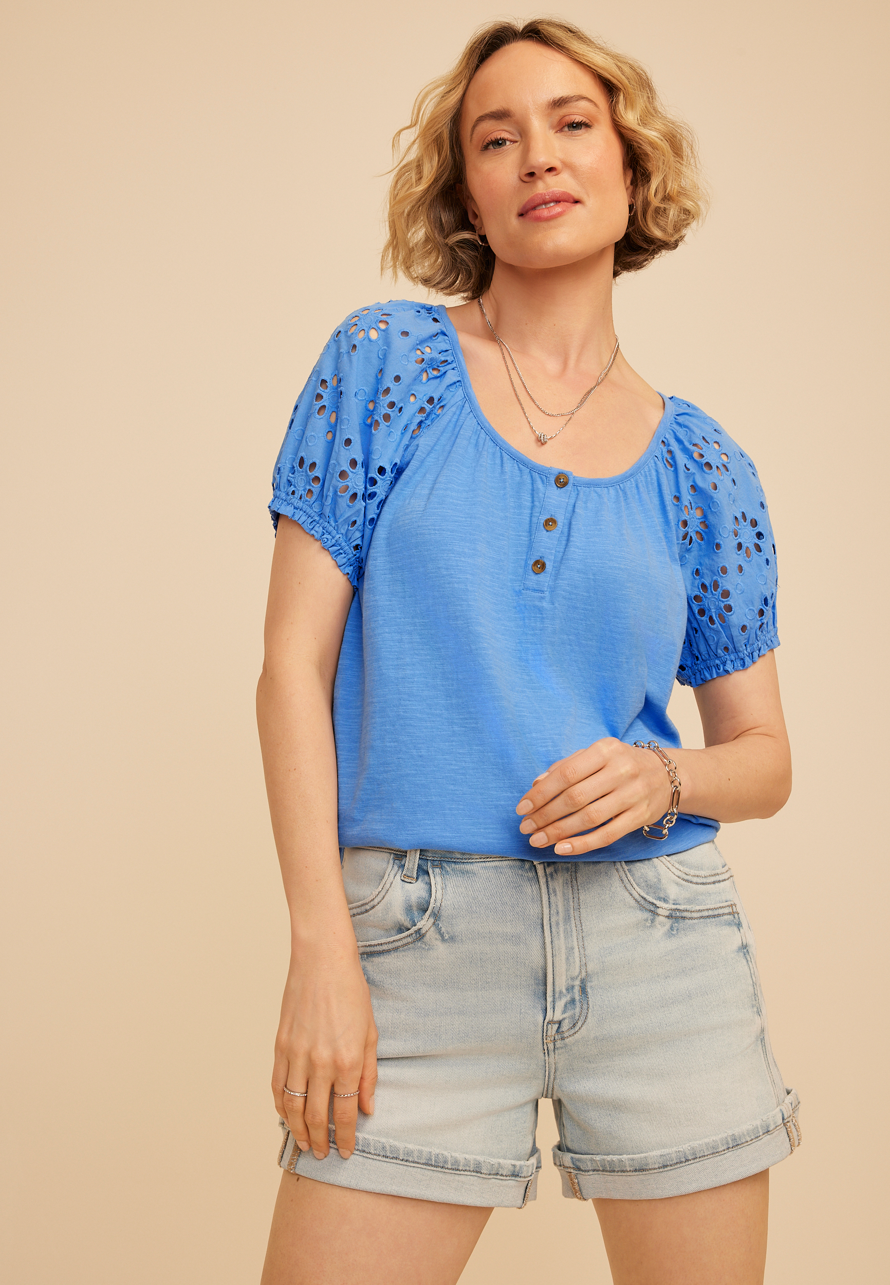 Mixed Media Eyelet Puff Sleeve Henley Tee
