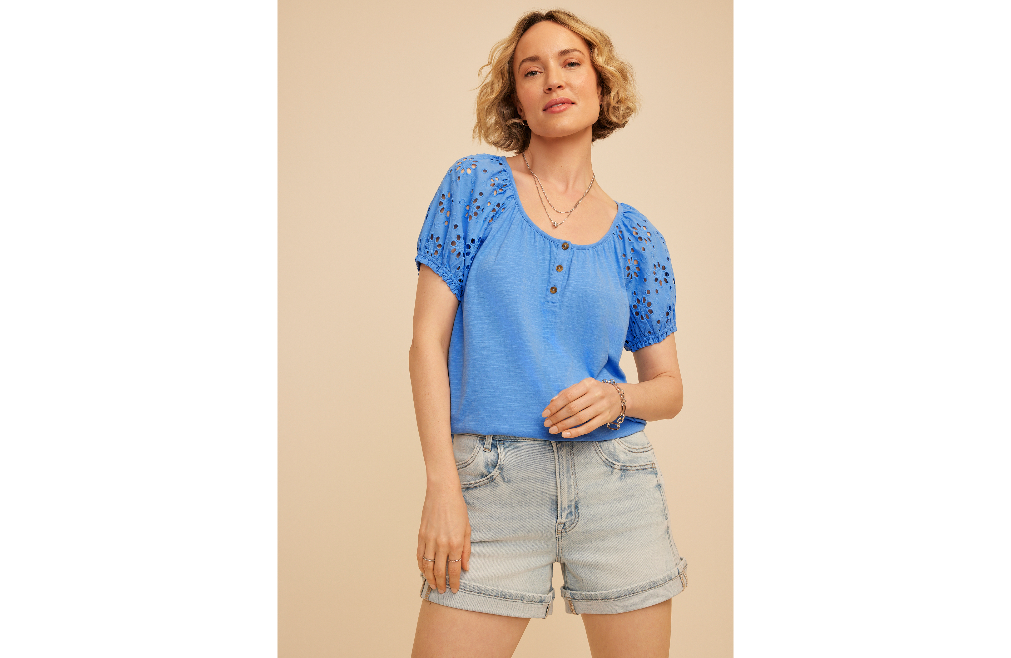 Mixed Media Eyelet Puff Sleeve Henley Tee