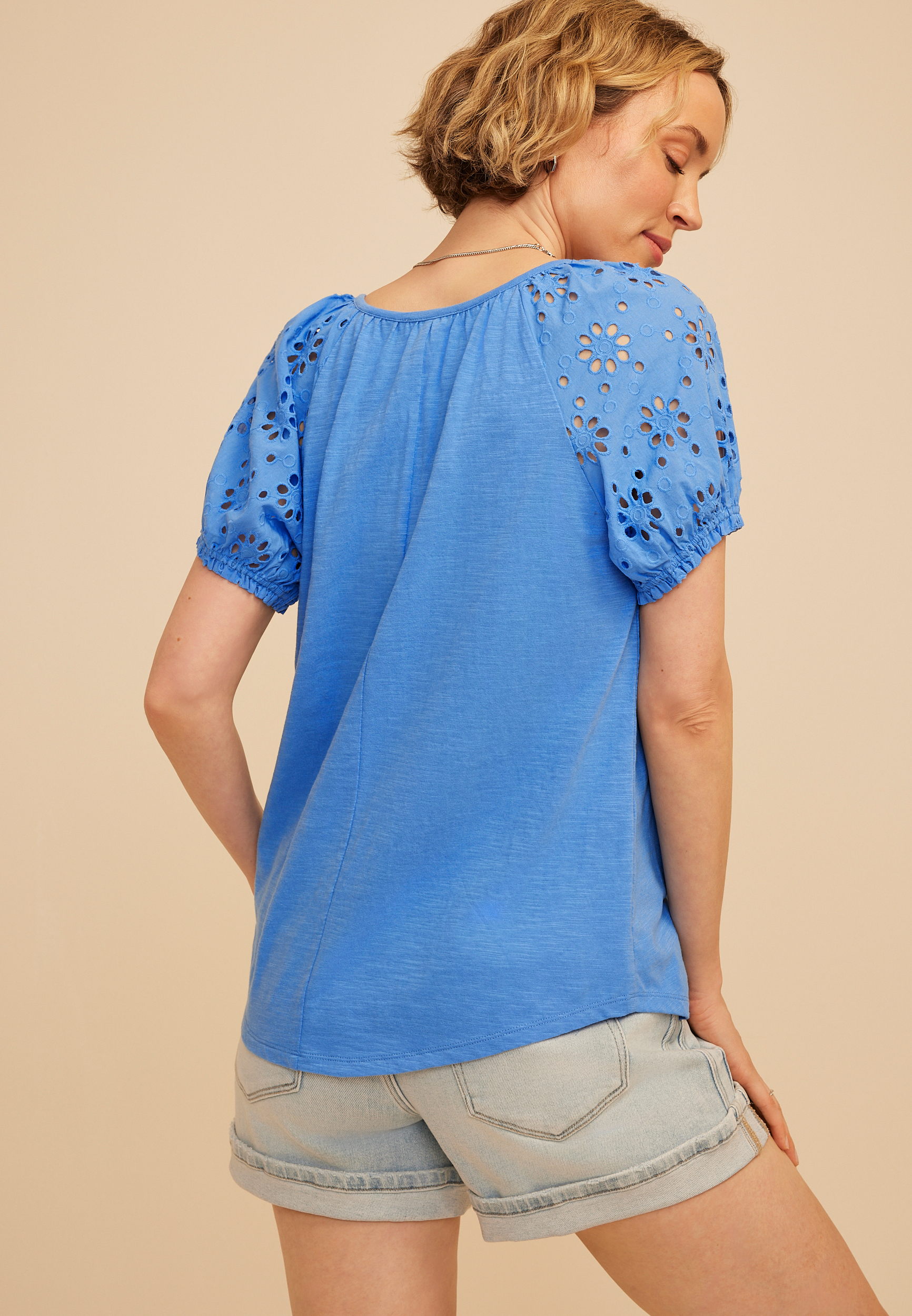 Mixed Media Eyelet Puff Sleeve Henley Tee, C5760, large