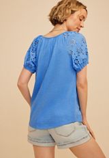 Mixed Media Eyelet Puff Sleeve Henley Tee, C5760, small