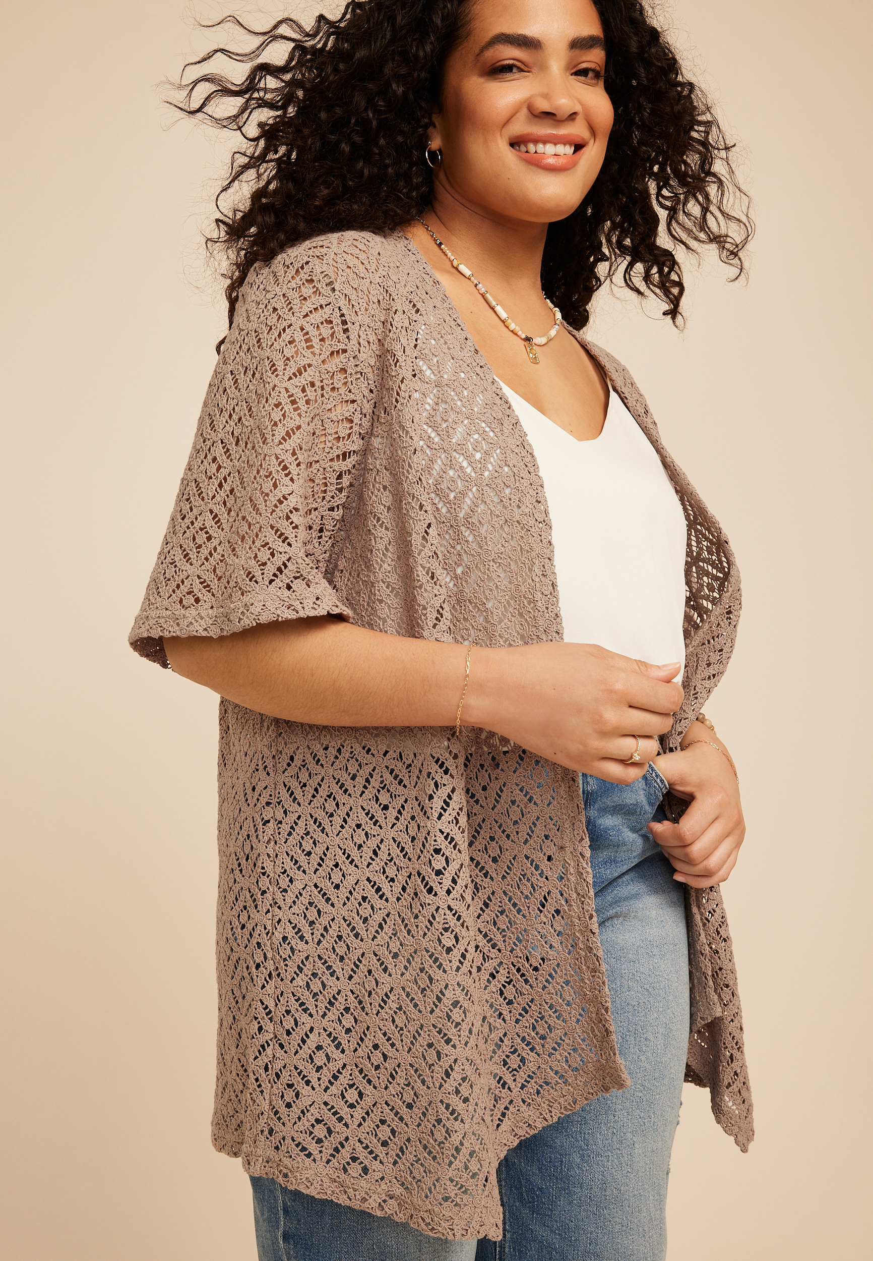 Plus Size Open Stitch Crochet Kimono