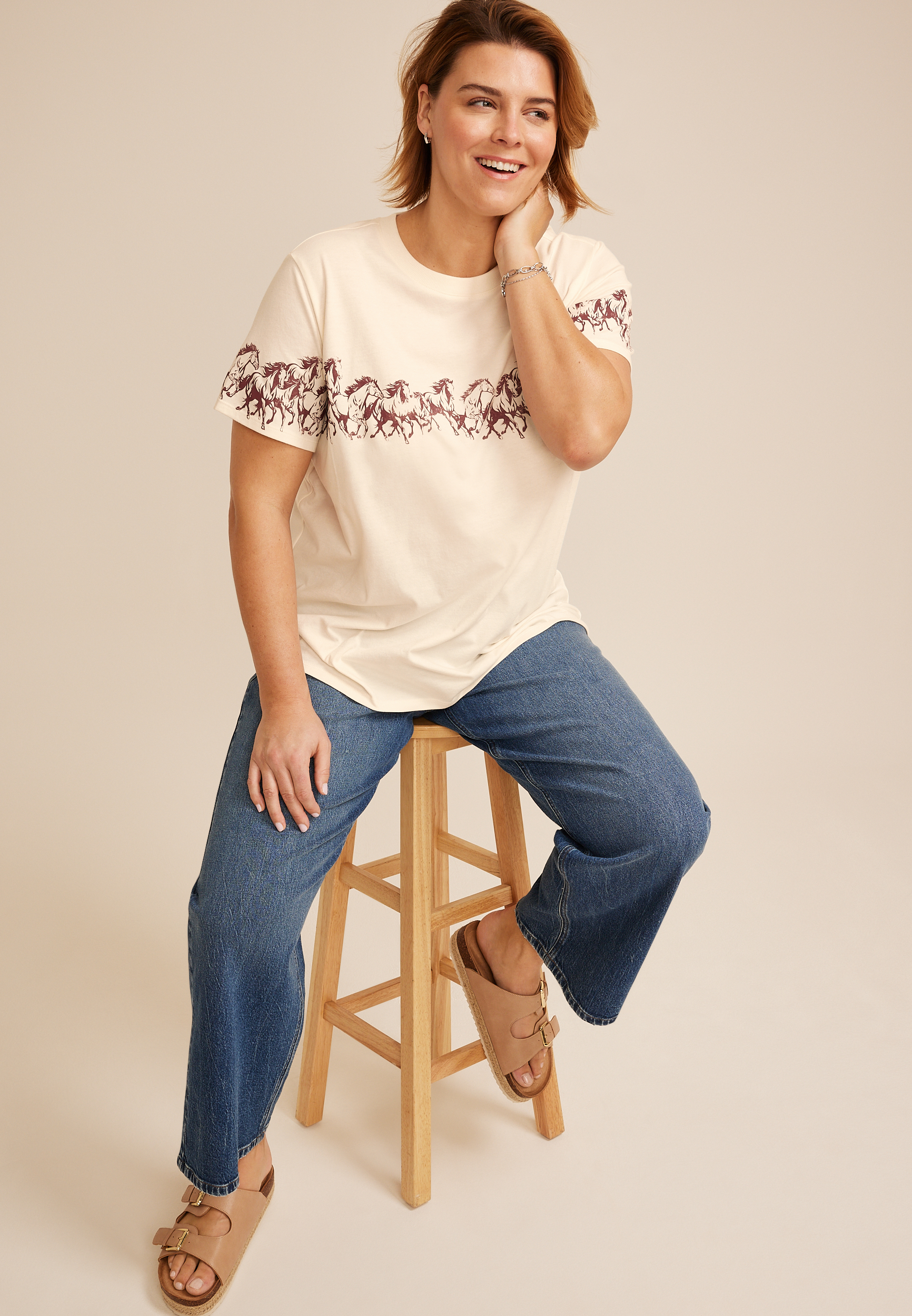 Plus Size Running Horse Oversized Fit Graphic Tee, GARDENIA, large