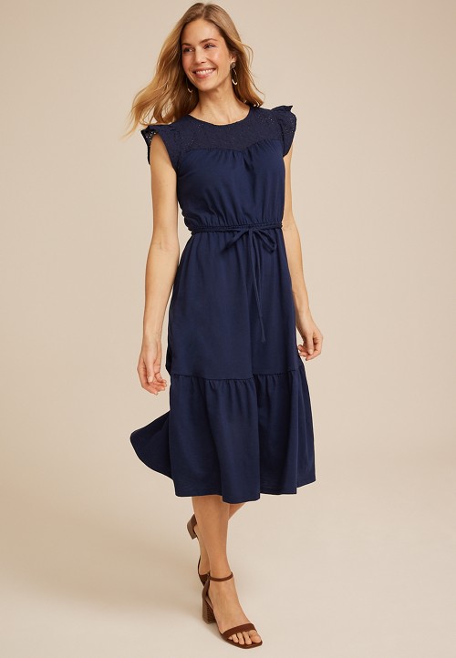 Flutter Sleeve Eyelet Tiered Midi Dress | maurices