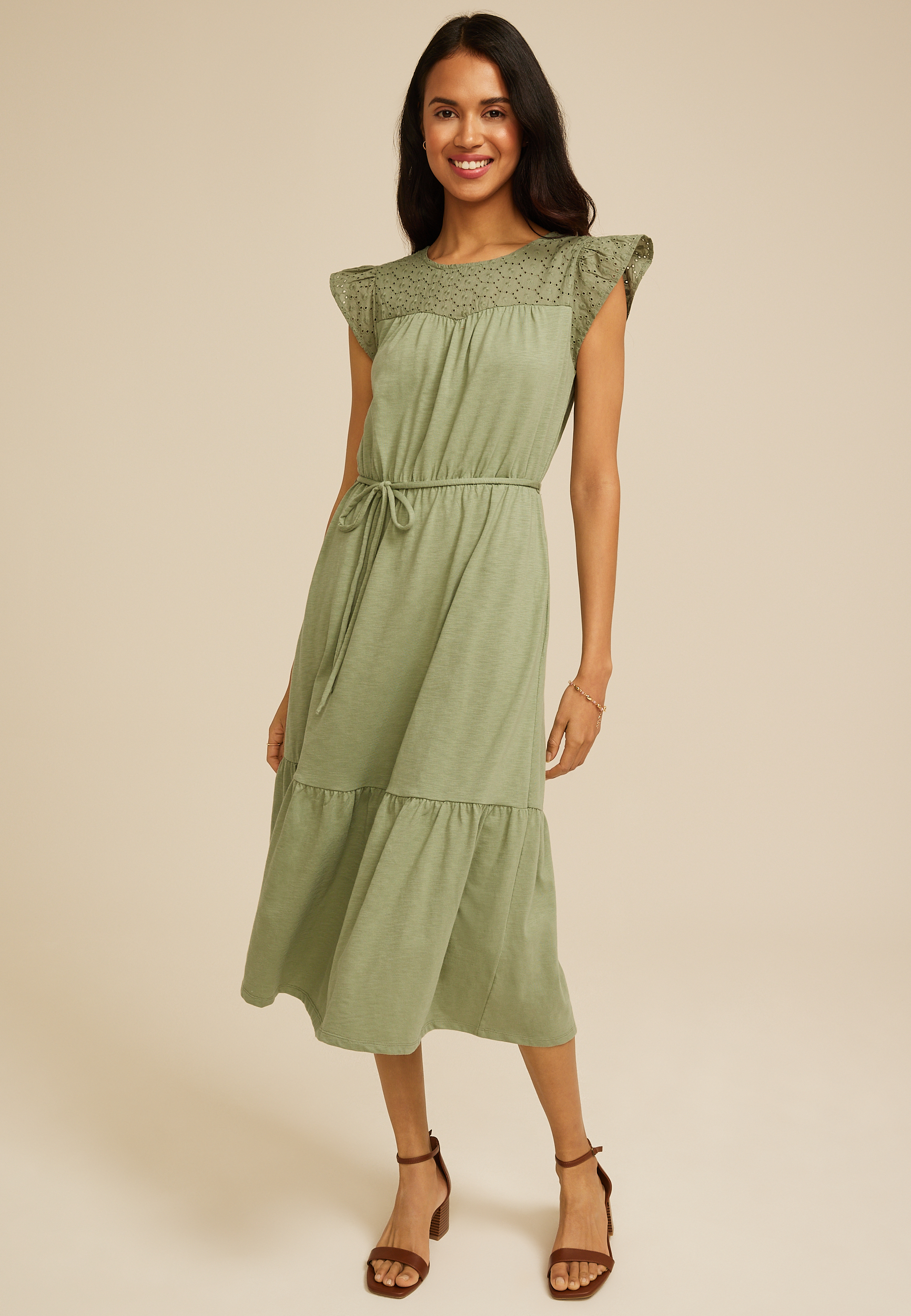 Flutter Sleeve Eyelet Tiered Midi Dress