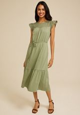Flutter Sleeve Eyelet Tiered Midi Dress, C9012, small