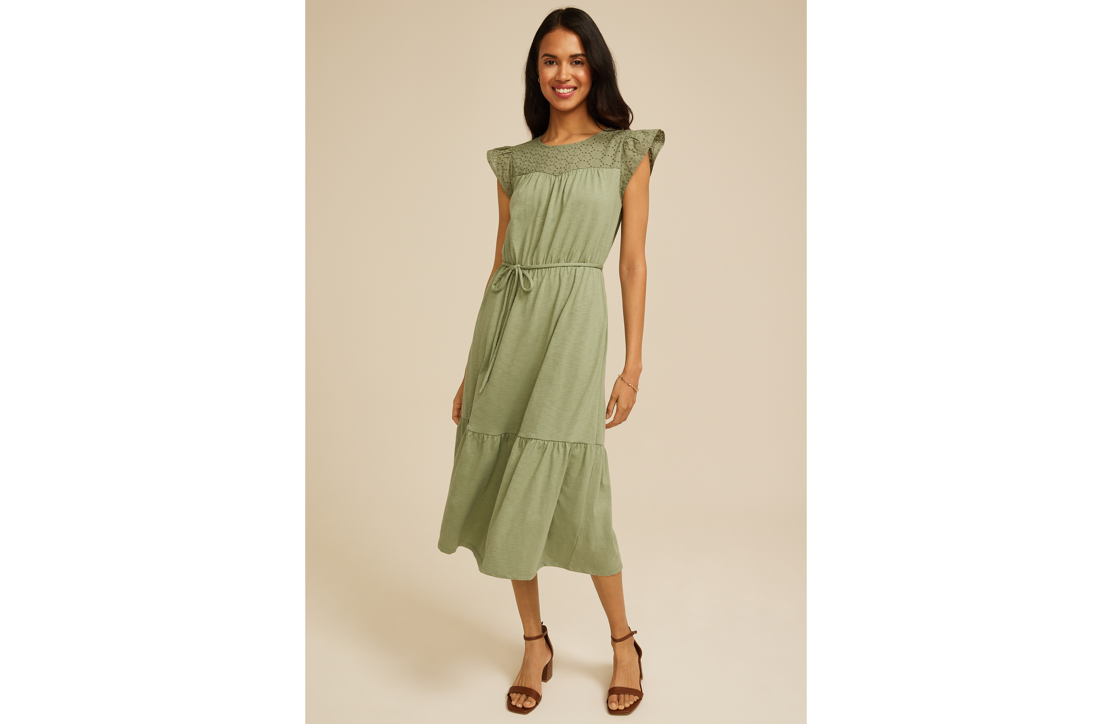 Flutter Sleeve Eyelet Tiered Midi Dress