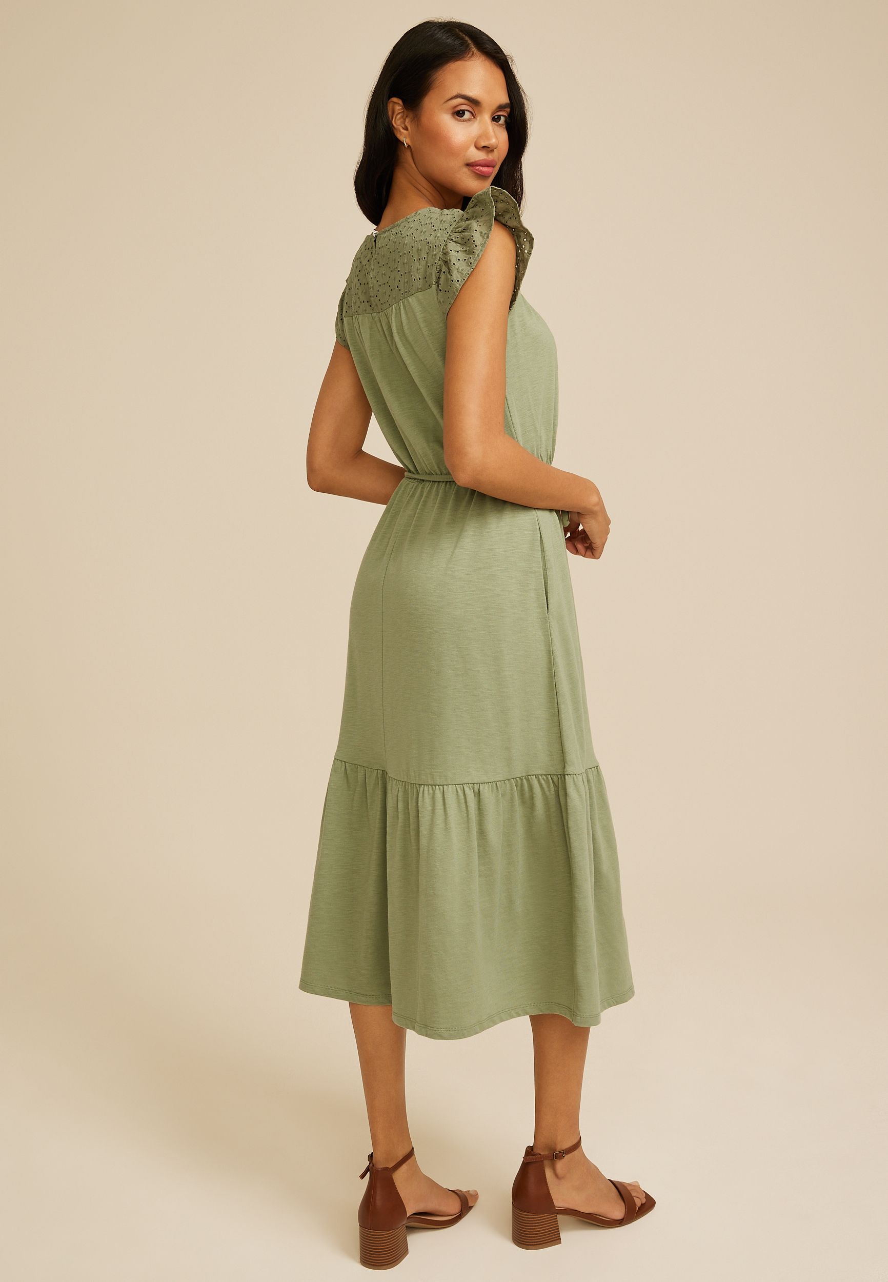 Flutter Sleeve Eyelet Tiered Midi Dress, C9012, large