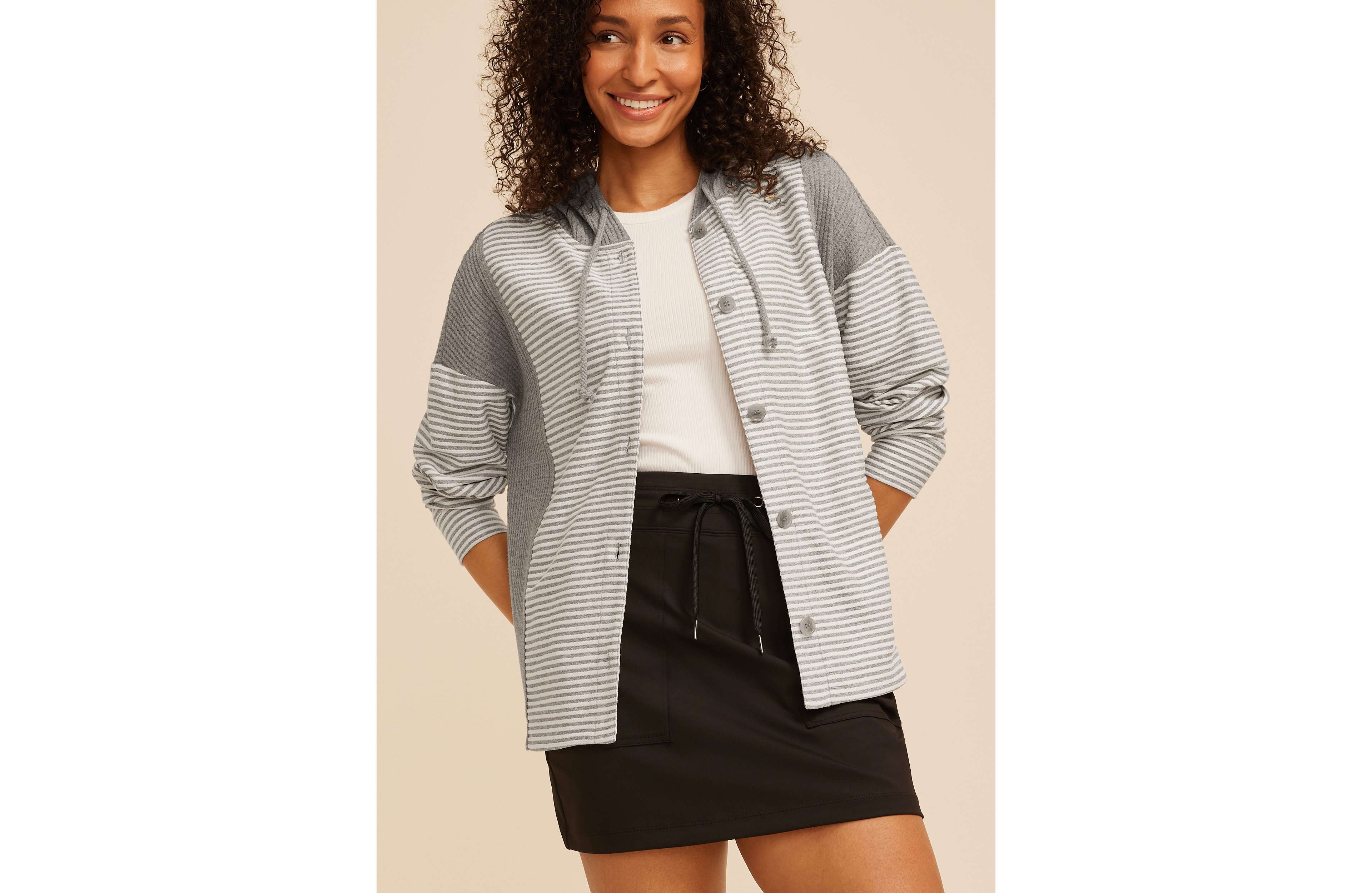 Striped Hooded Button Front Shacket