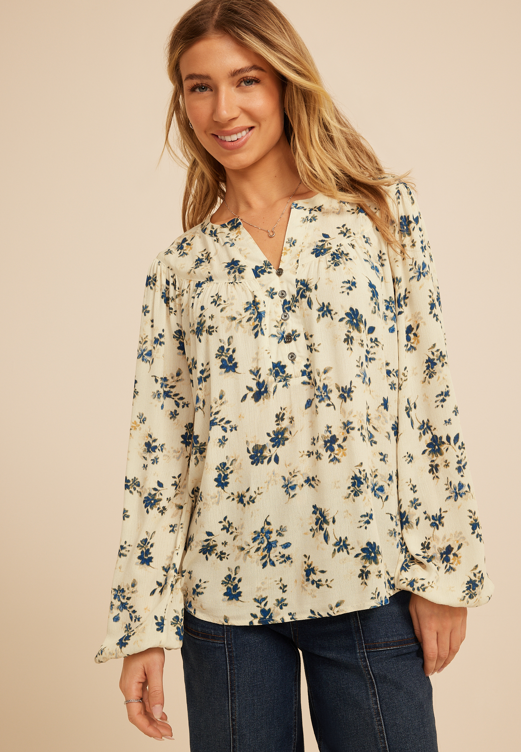 Split Neck Henley Blouse