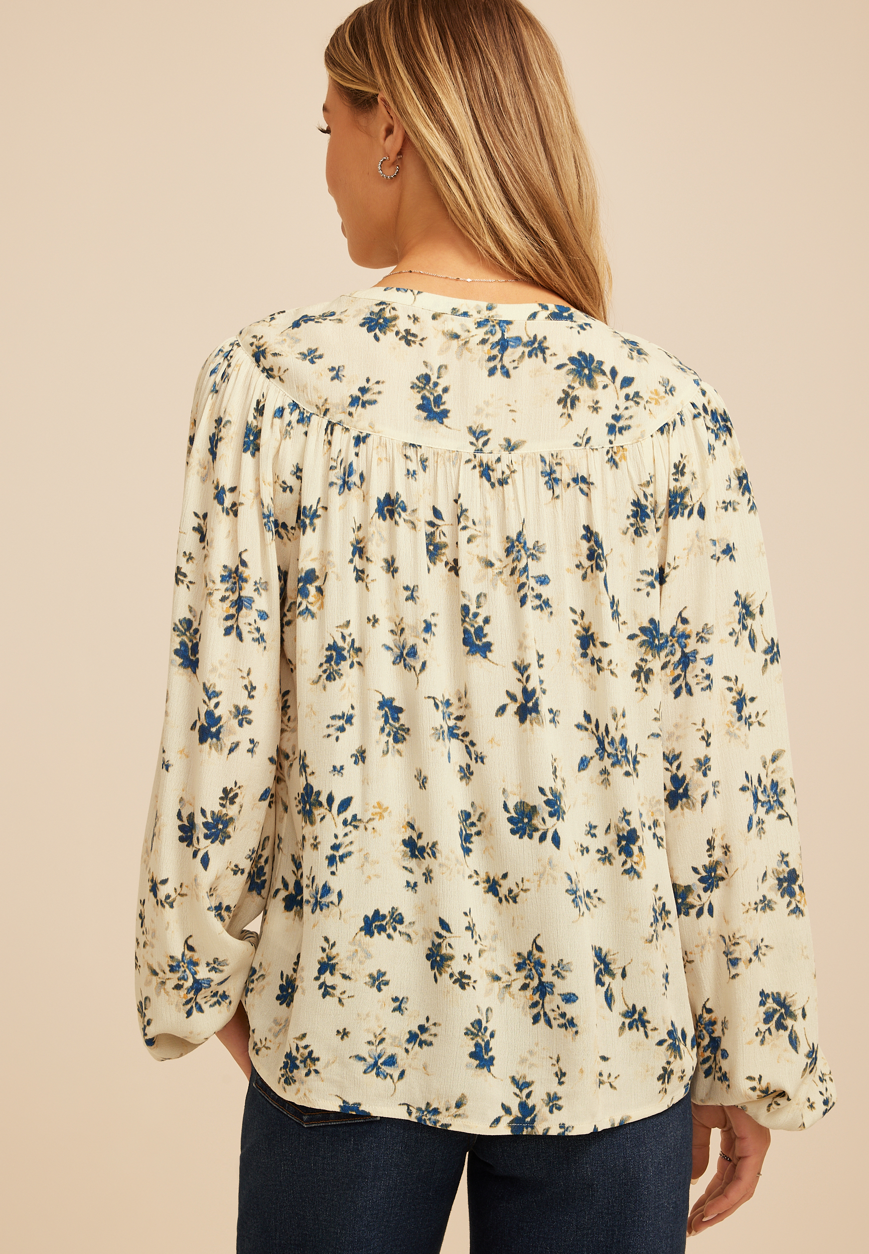 Split Neck Henley Blouse, CREAM COMBO, large