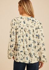 Split Neck Henley Blouse, CREAM COMBO, small