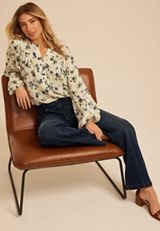 Split Neck Henley Blouse, CREAM COMBO, small