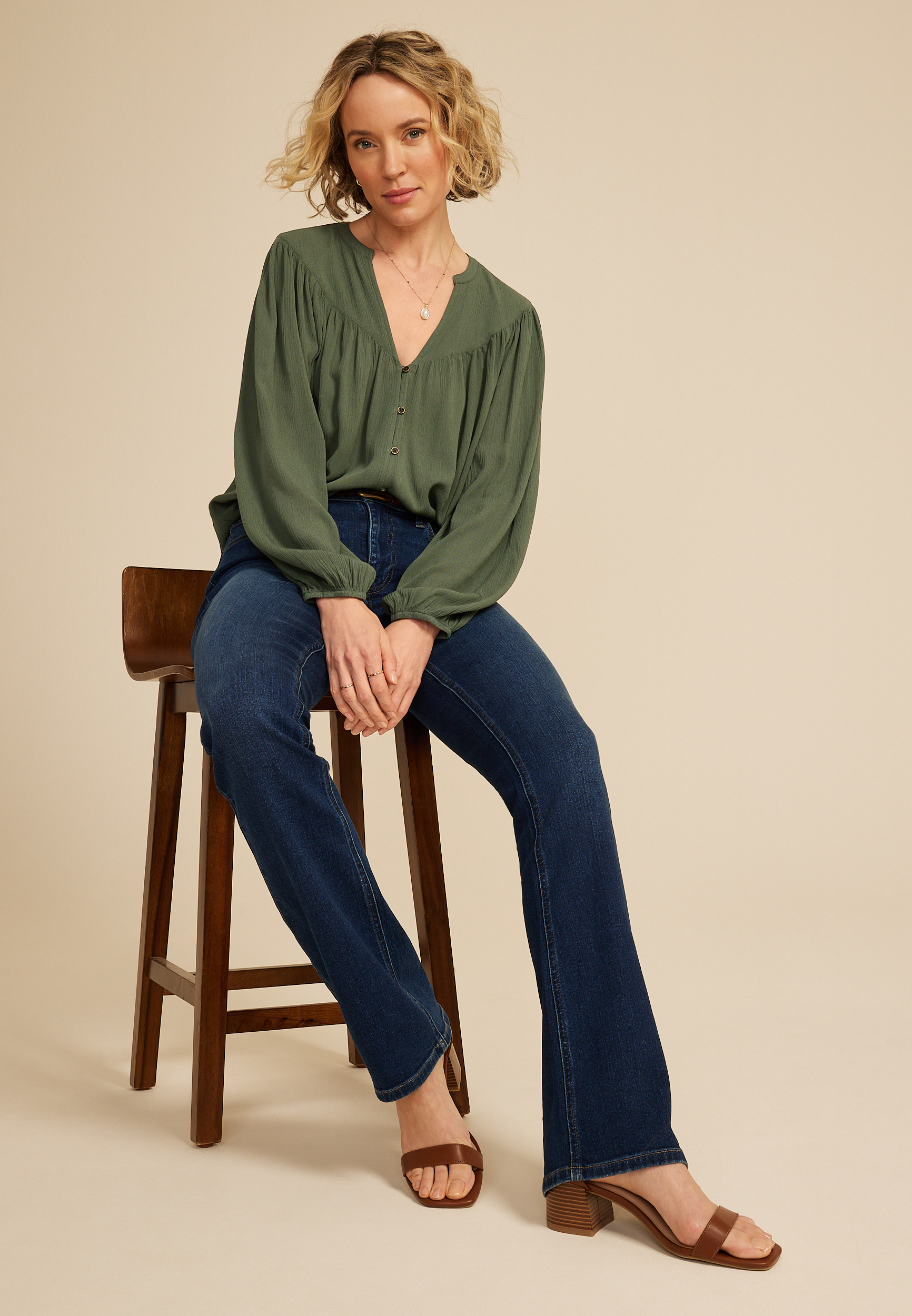 Olive Split Neck Blouse