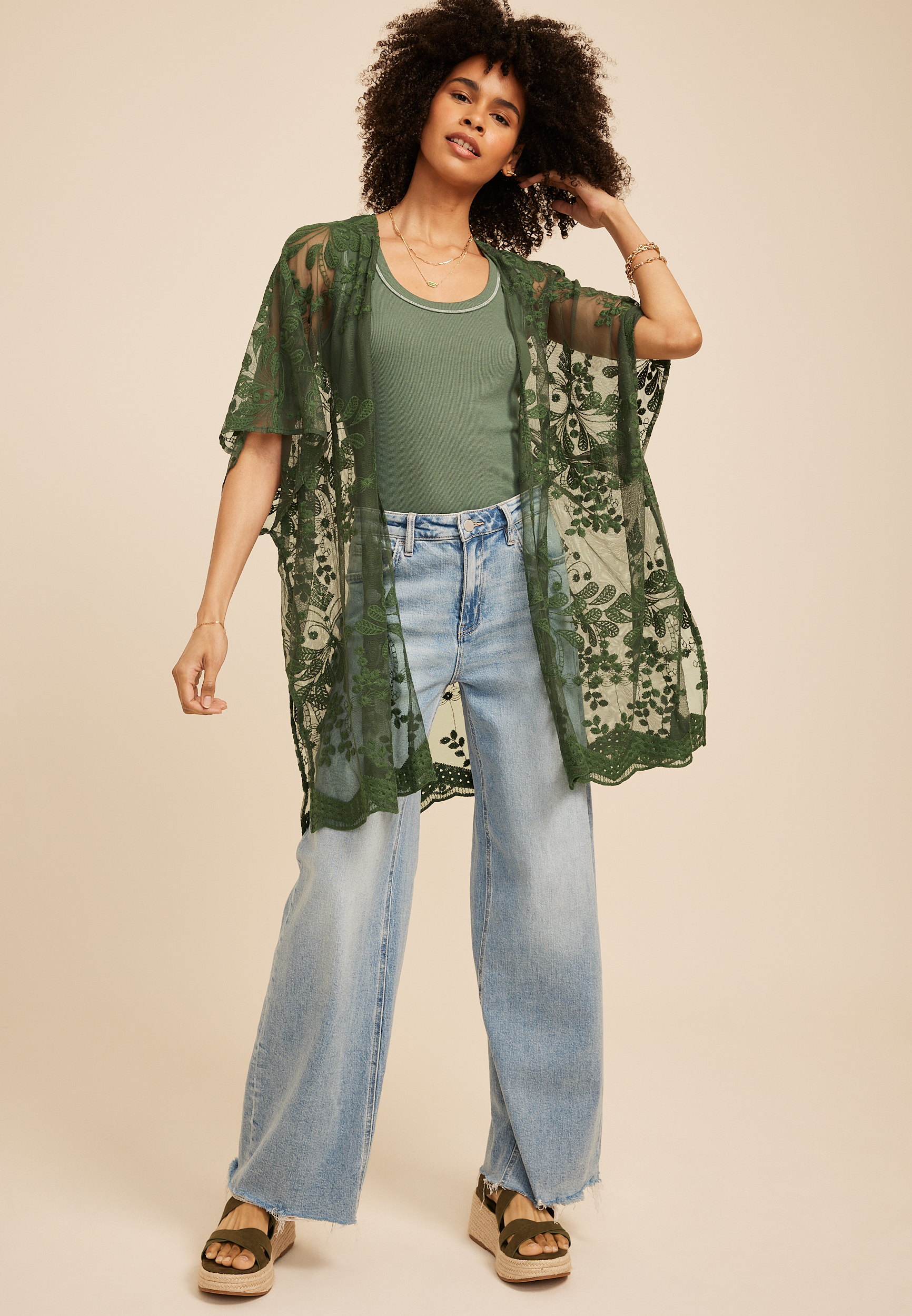 Floral Embroidered Mesh Kimono