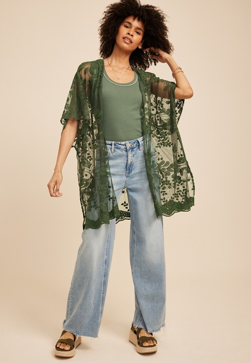 Floral Embroidered Mesh Kimono | maurices