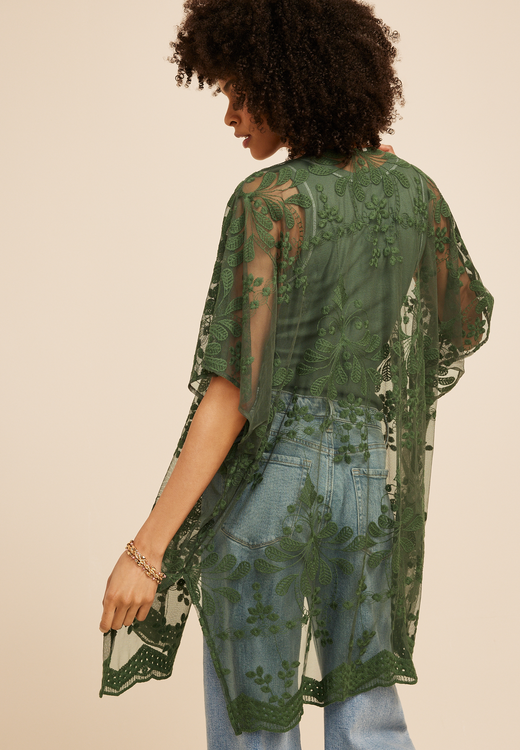 Floral Embroidered Mesh Kimono, C7379, large