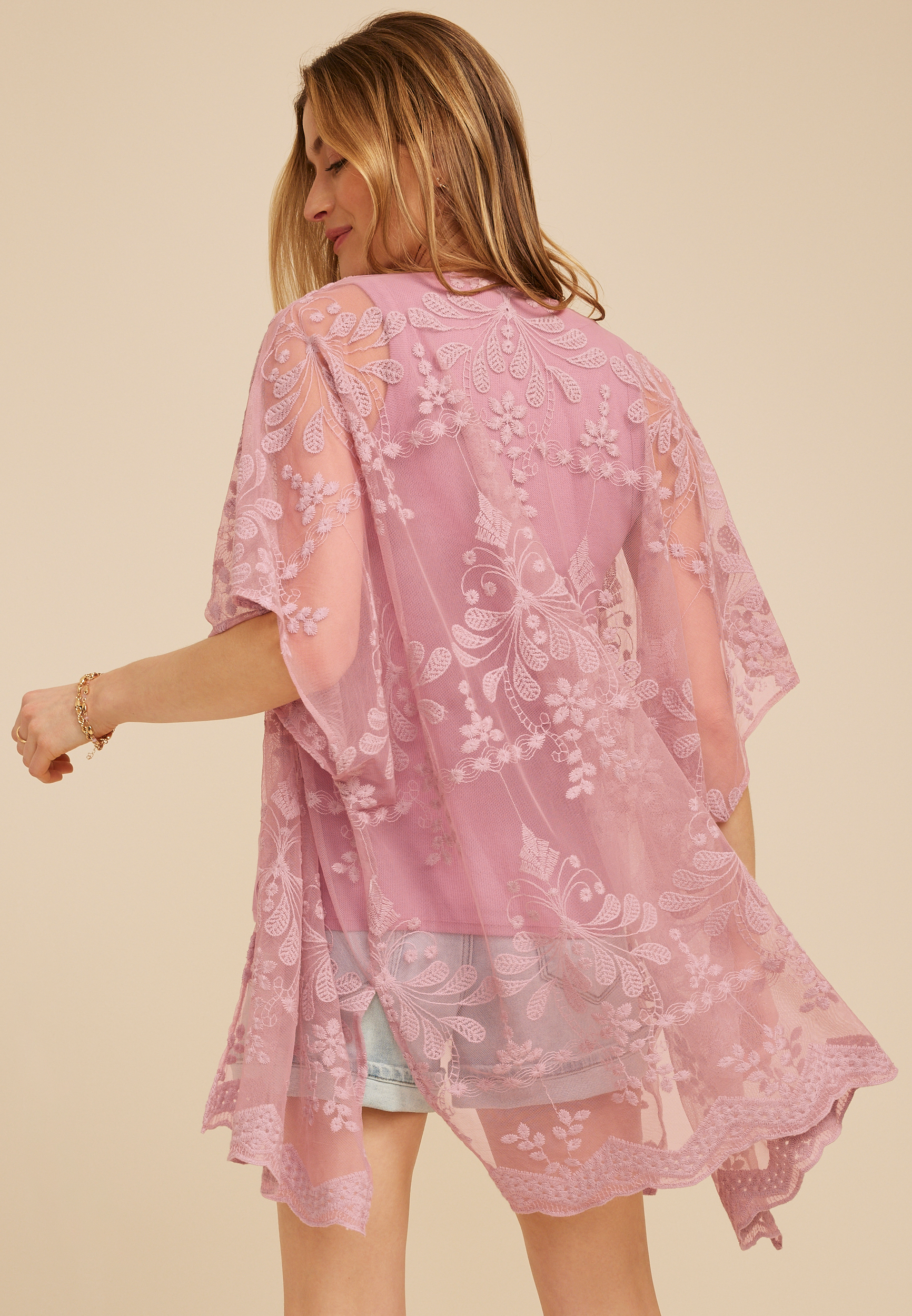 Floral Embroidered Mesh Kimono, C7589, large