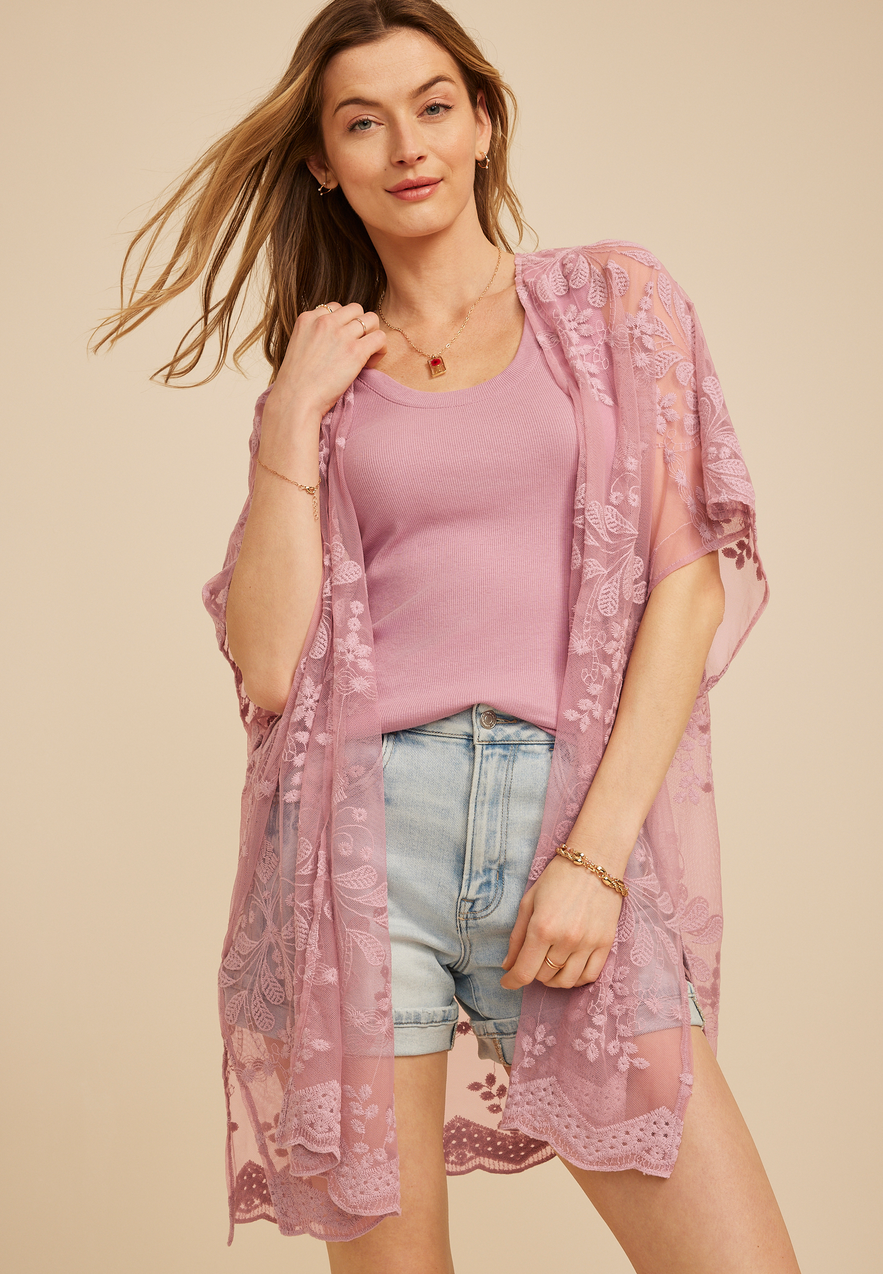 Floral Embroidered Mesh Kimono, C7589, large