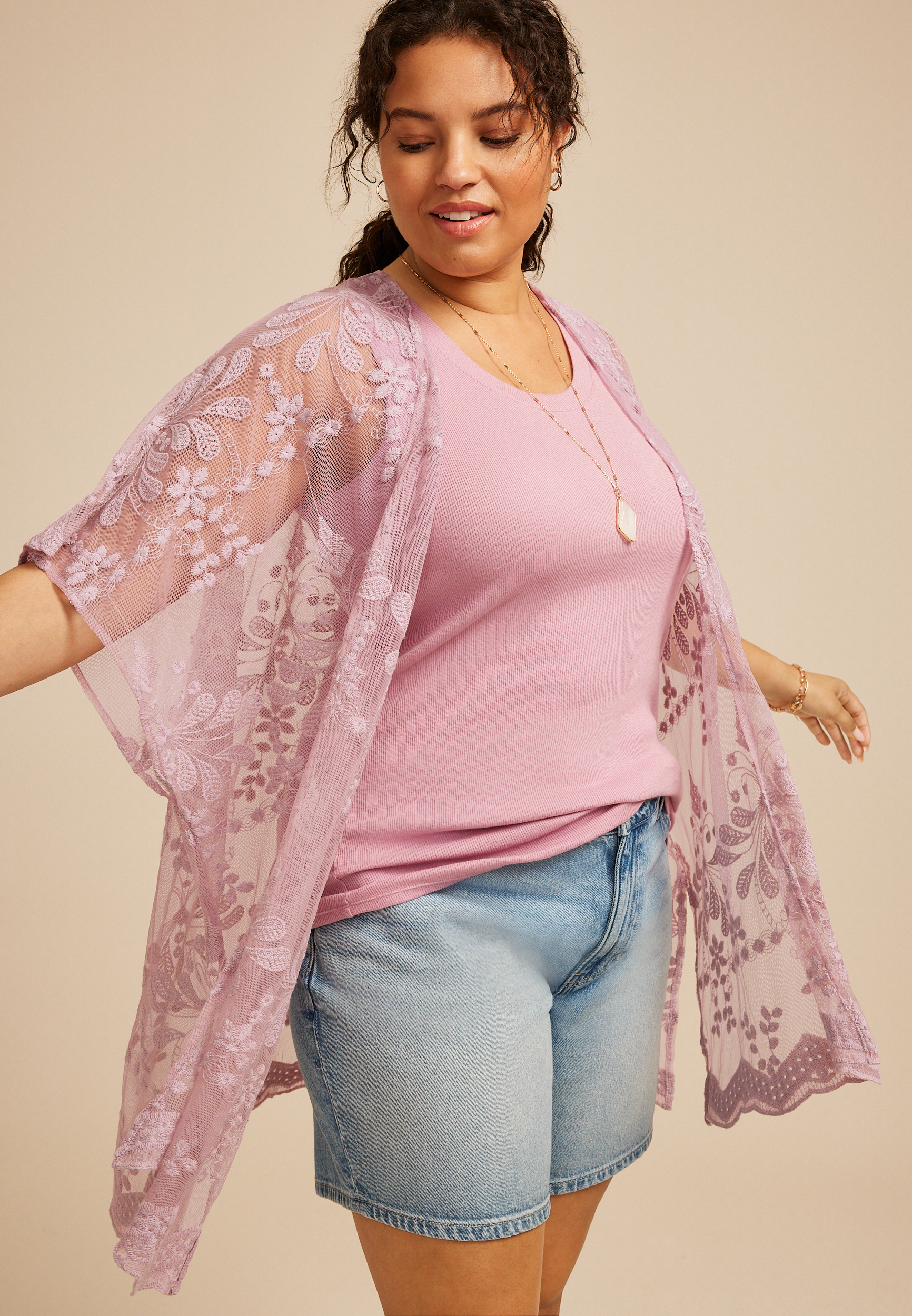 Floral Embroidered Mesh Kimono, C7589, large