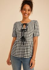 Gingham Tie Front Peplum Top, BLACK COMBO, small