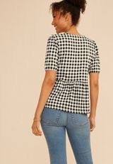 Gingham Tie Front Peplum Top, BLACK COMBO, small