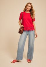 Scalloped Eyelet Short Sleeve Tee, SKI PATROL, small