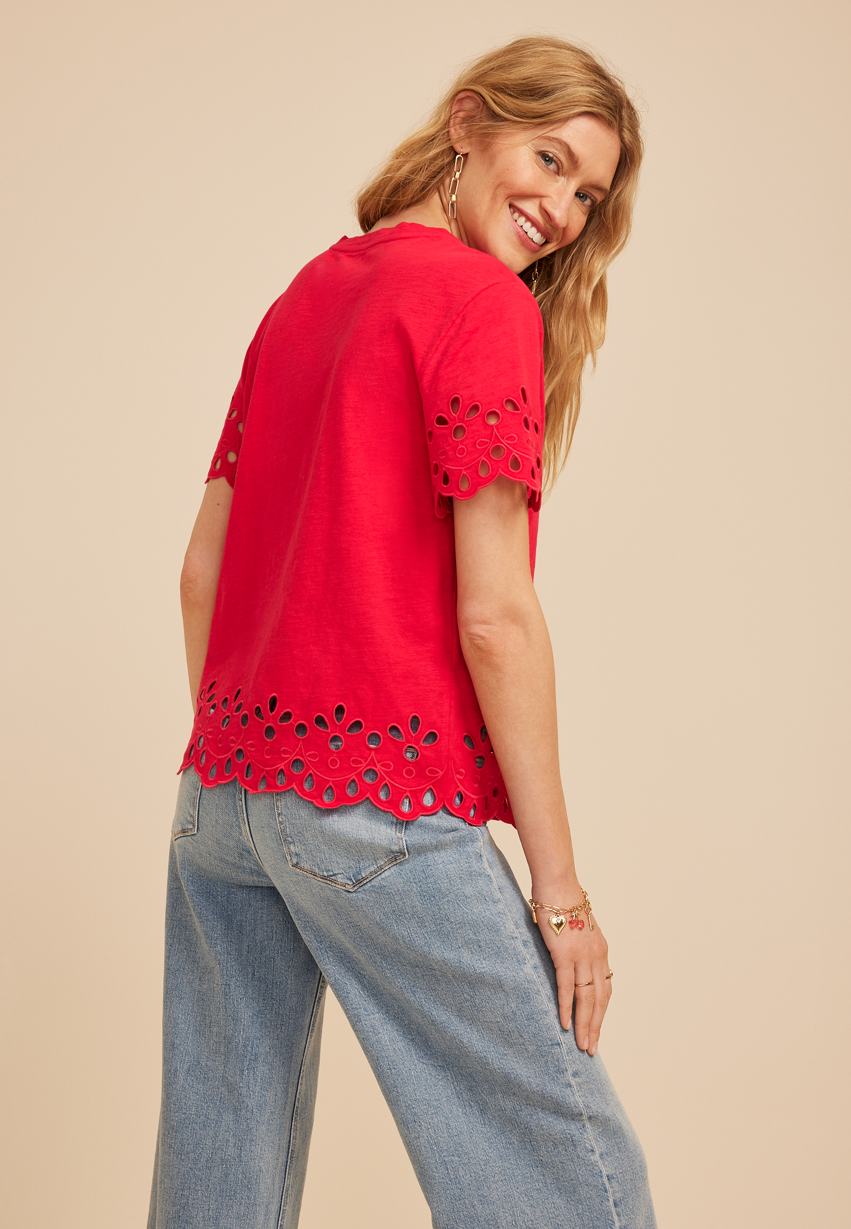 Scalloped Eyelet Short Sleeve Tee, SKI PATROL, large