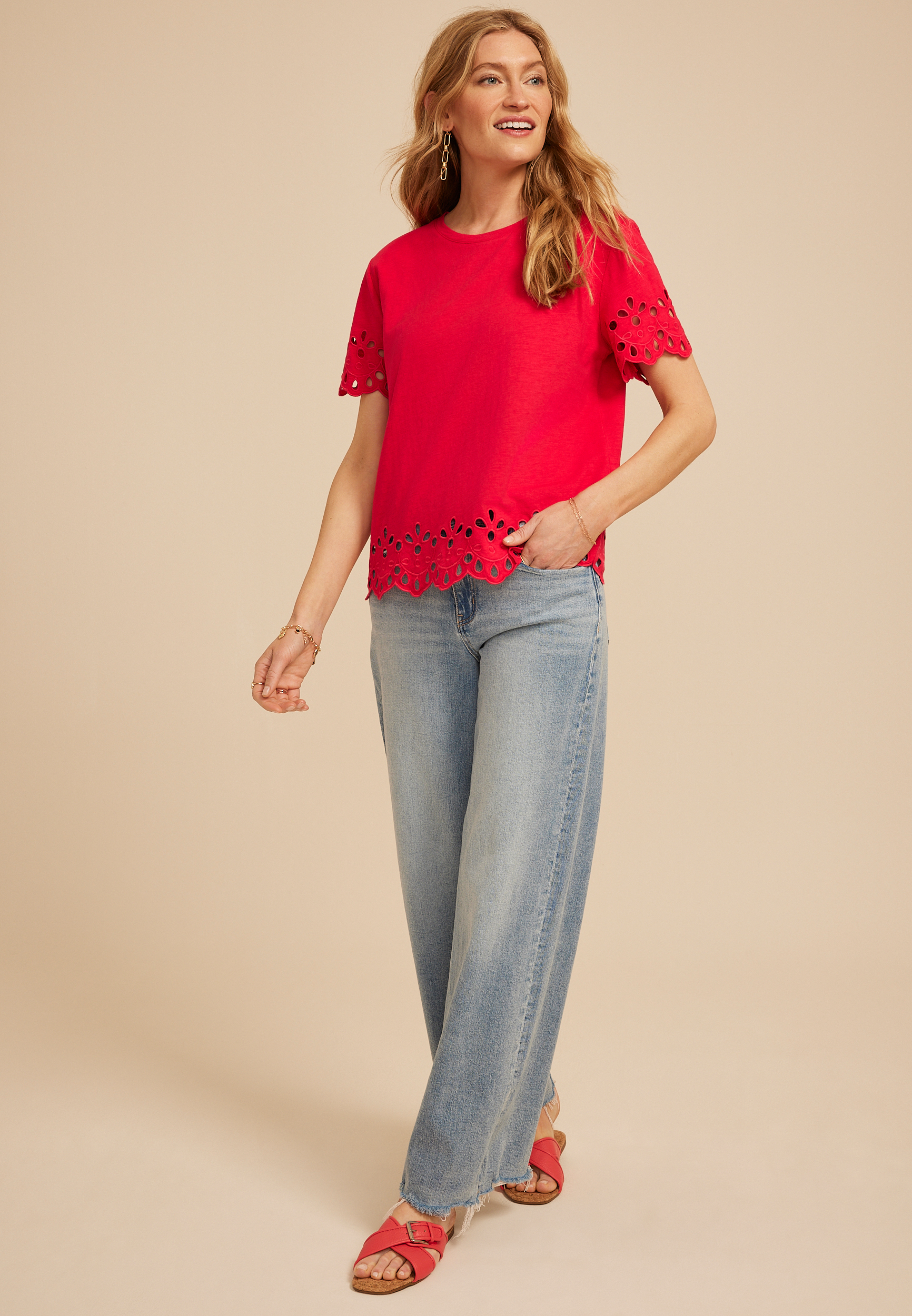 Scalloped Eyelet Short Sleeve Tee, SKI PATROL, large