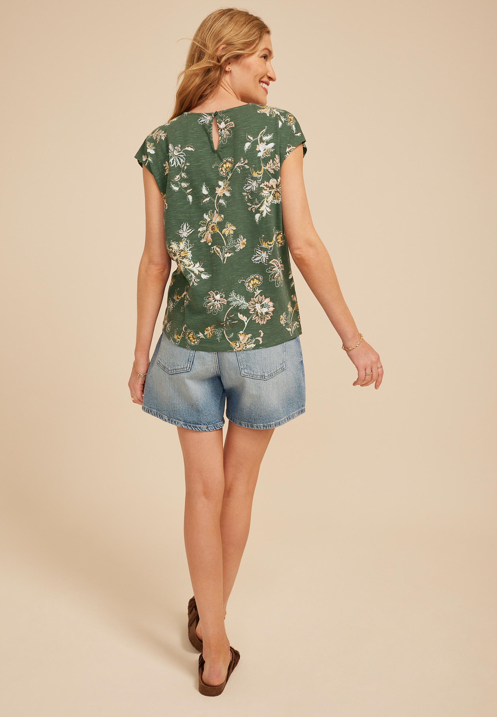 24/7 Austin Floral Knot Hem Short Sleeve Tee, DUCK GREEN COMBO, large