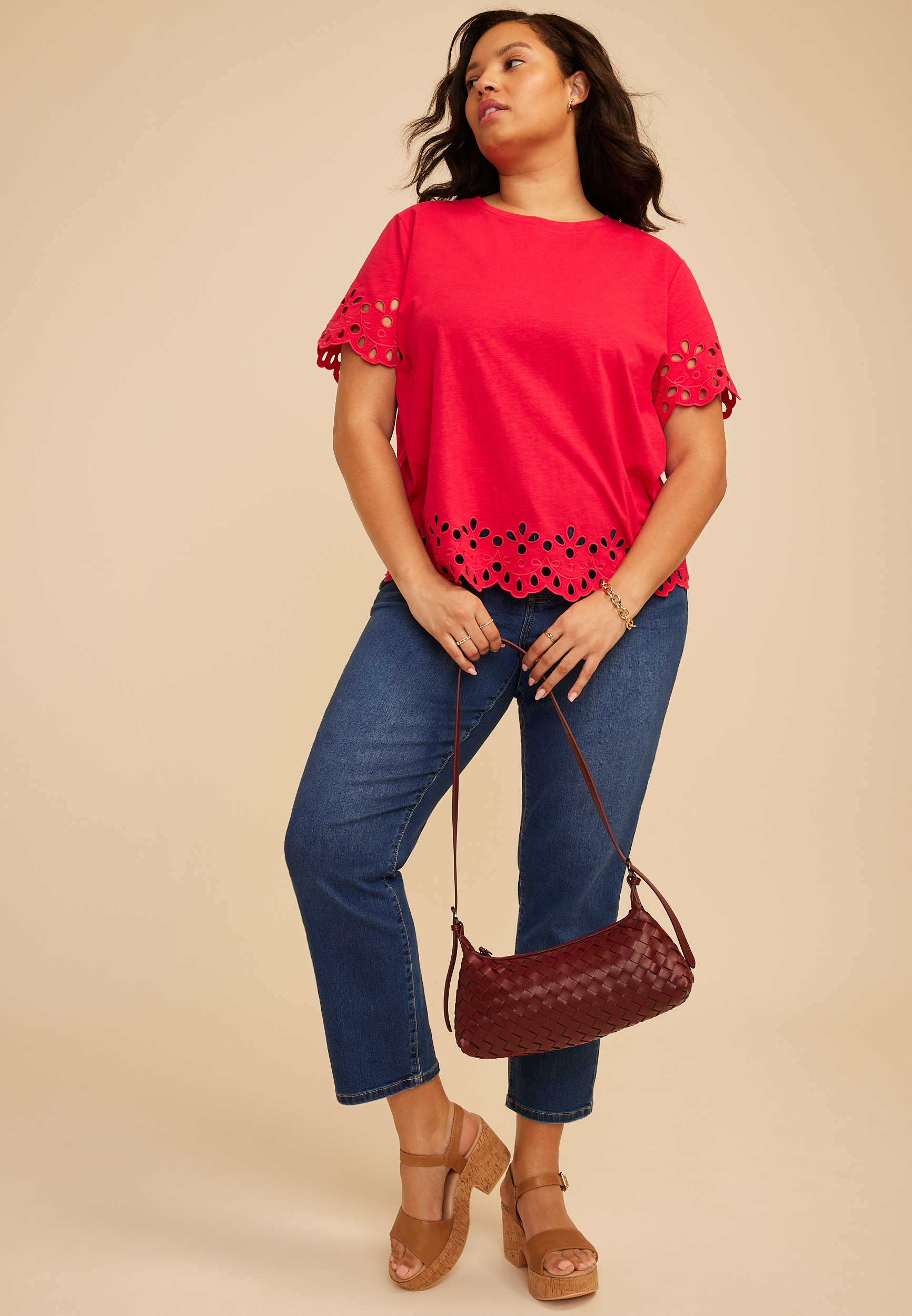 Plus Size Scalloped Eyelet Short Sleeve Tee
