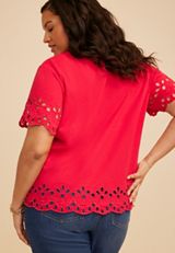 Plus Size Scalloped Eyelet Short Sleeve Tee, C3342, small