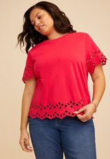 Plus Size Scalloped Eyelet Short Sleeve Tee, C3342, small