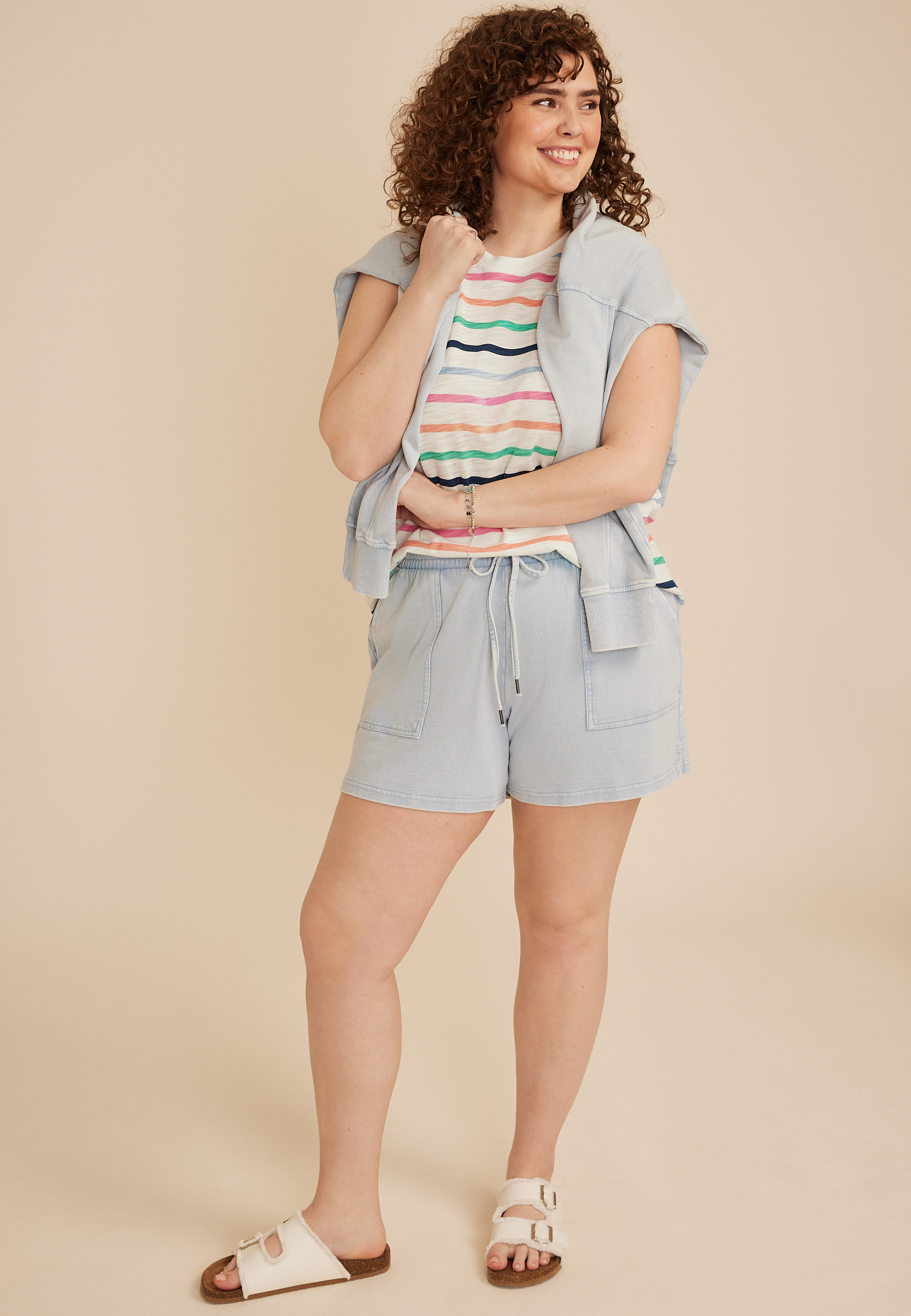 Plus Size Striped Roll Sleeve Tank Top