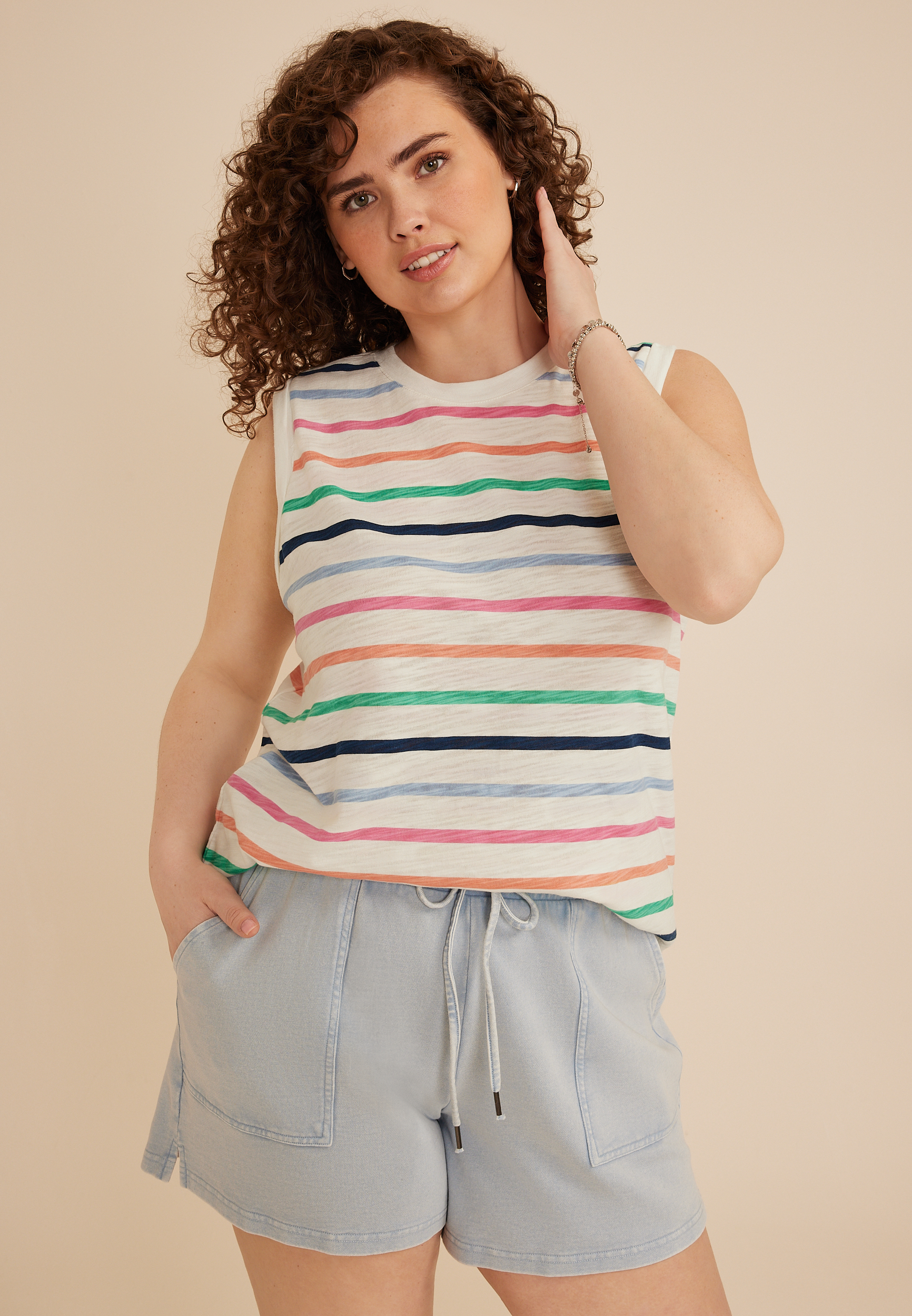Plus Size Striped Roll Sleeve Tank Top, C2969, large