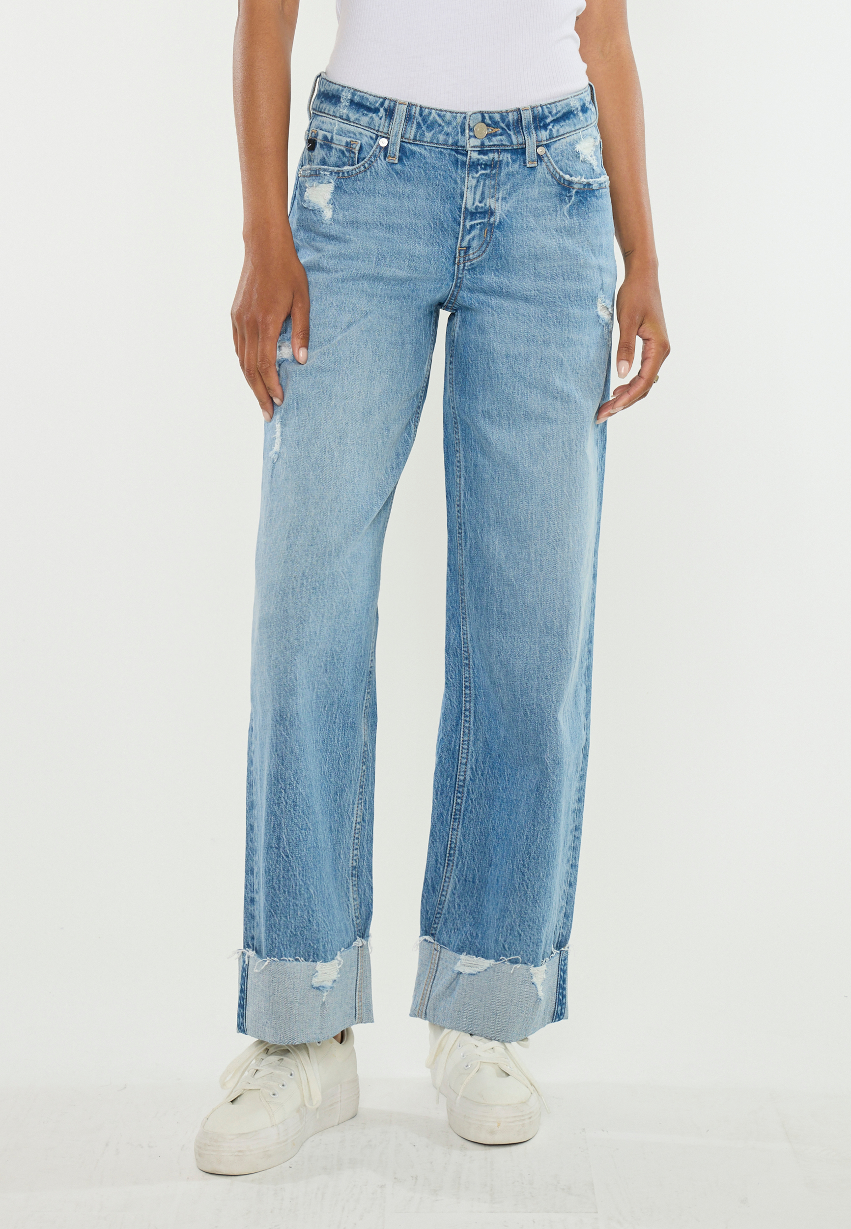 KanCan&trade; Mid Rise Raw Cuffed Hem Wide Leg Jean