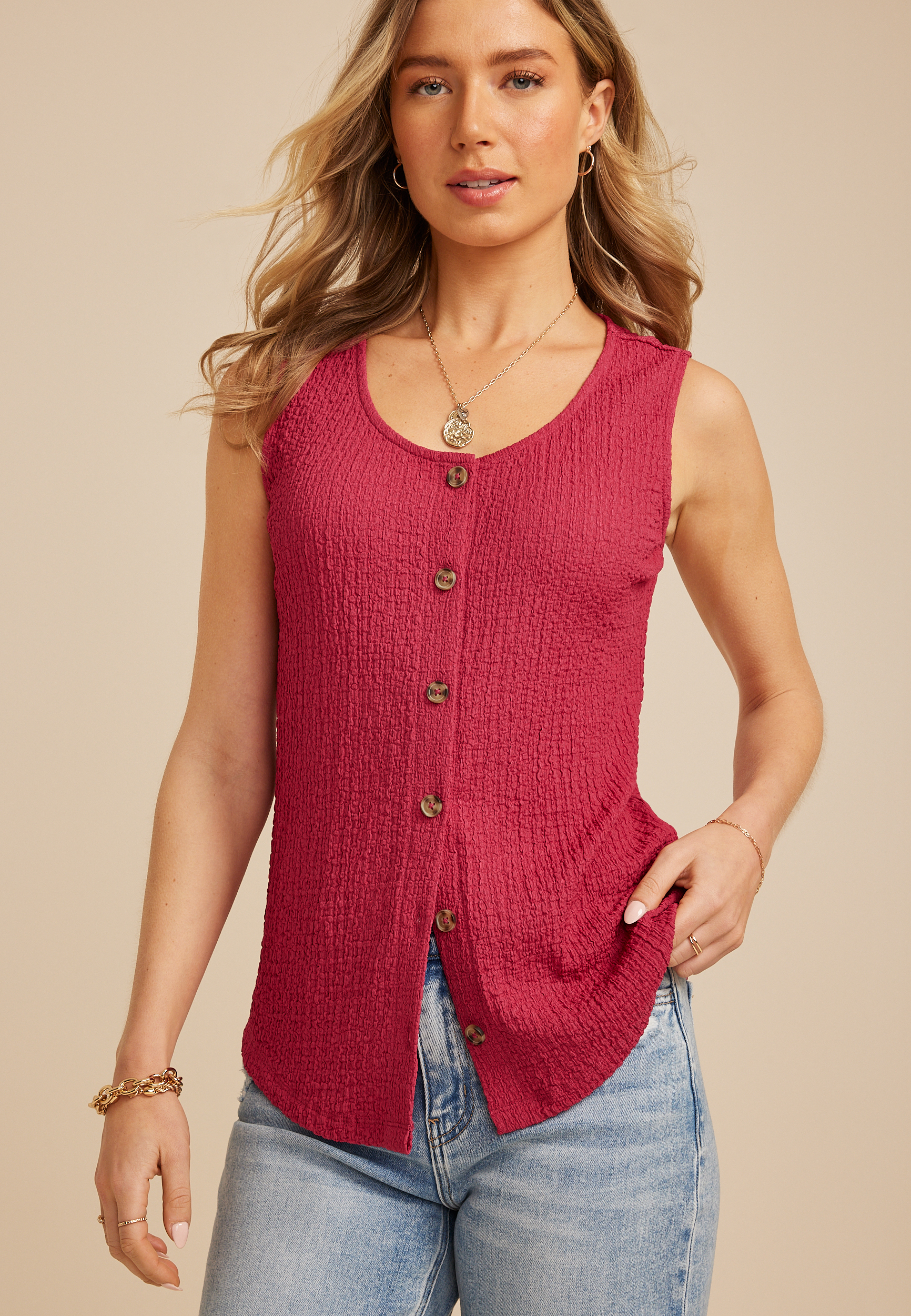Textured Button Front Tank Top | maurices