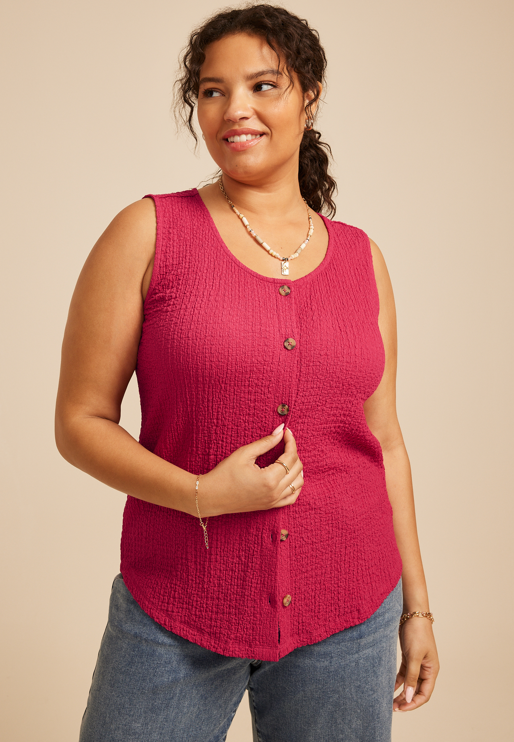 Plus Size Textured Button Front Tank Top